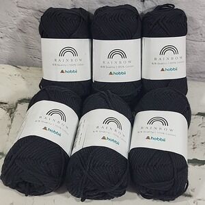 Hobbii Rainbow Brand Yarn Black 100% Cotton Lot Of 6 Mini Skiens Knit Crochet